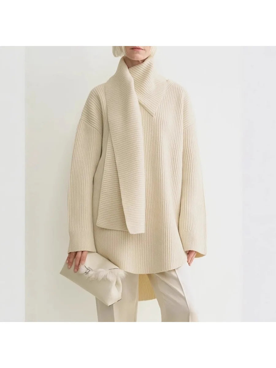 Solid Spliced Loose Sweaters for Women Scarf Neck Long Sleeve Minimalist Temperament Pullovers Female