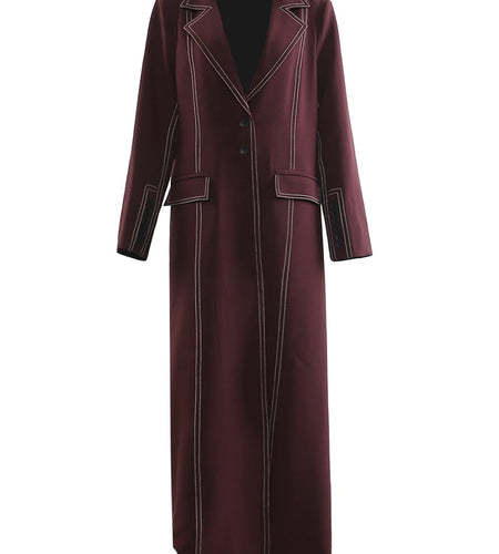 Women Wine Red Topstitched Big Size Long Blazer New Lapel Long Sleeve Jacket Fashion Tide Spring Autumn 2025 1DJ1287
