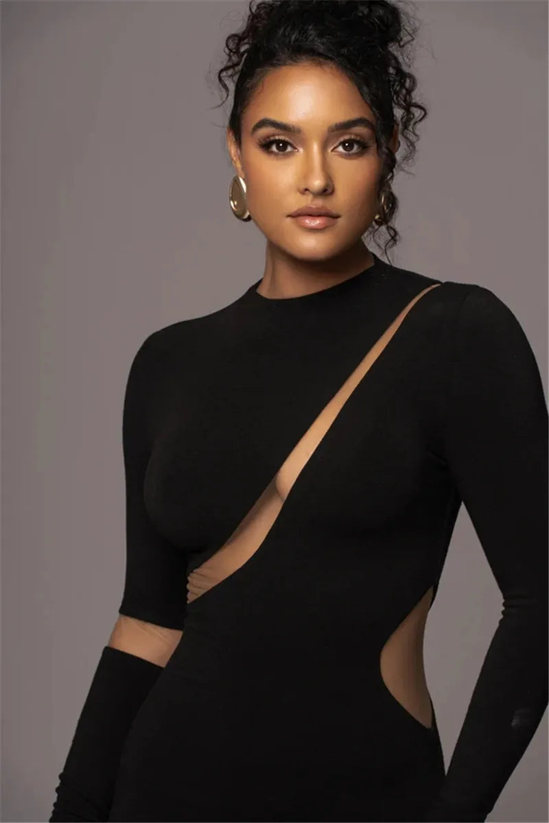 Turtleneck Long Sleeve Bodycon Maxi Dress For Women Autumn New Patchwork Hollow Out Club Party Sexy Long Dress Vestidos