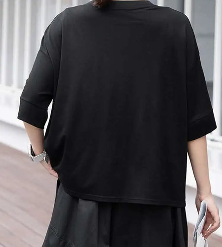 Women Black Irregular Hem Big Size Casual T-shirt New Round Neck Short Sleeve Fashion Tide Spring Summer 2025 1DJ0618