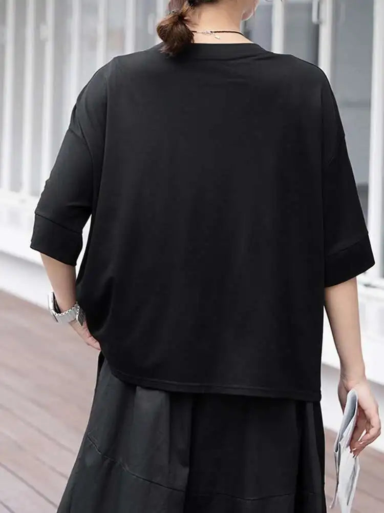 Women Black Irregular Hem Big Size Casual T-shirt New Round Neck Short Sleeve Fashion Tide Spring Summer 2025 1DJ0618
