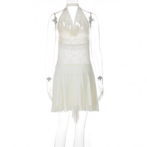 Load image into Gallery viewer, See Through Lace Halter Sexy Mini Dress Women Robe Halter Deep V Neck Backless Draped Ruffled Club Party Beach Dress
