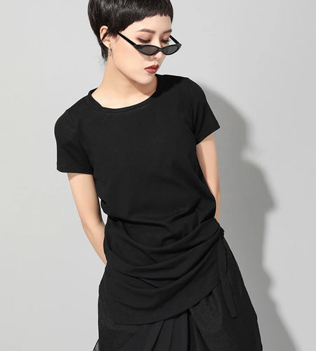 Women Black Irregular Hem Pleated Casual T-shirt New Round Neck Short Sleeve Fashion Tide Spring Summer 2025 1DJ1766