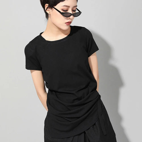 Load image into Gallery viewer, Women Black Irregular Hem Pleated Casual T-shirt New Round Neck Short Sleeve Fashion Tide Spring Summer 2025 1DJ1766
