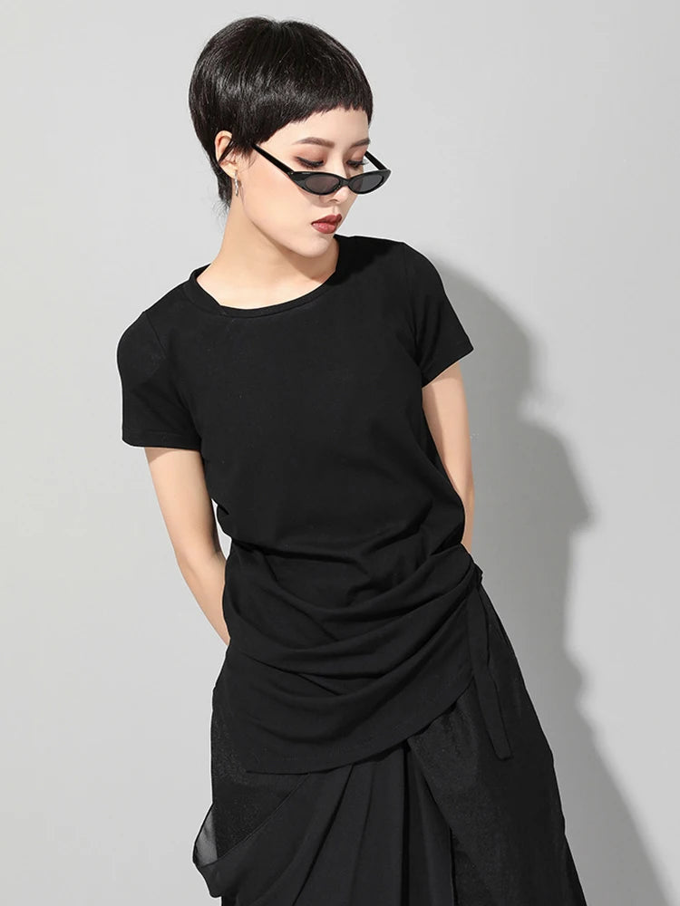 Women Black Irregular Hem Pleated Casual T-shirt New Round Neck Short Sleeve Fashion Tide Spring Summer 2025 1DJ1766