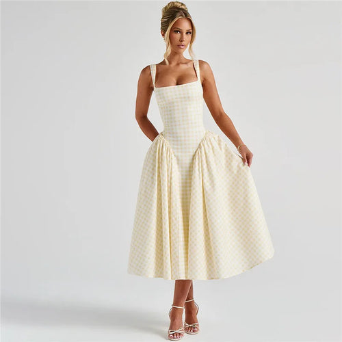 Load image into Gallery viewer, Plaid Printed Maxi Dress For Women Gown Summer New Spaghetti Strap High Waist A-line Backless Club Long Dress Vestido
