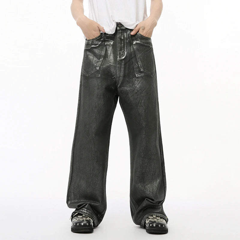 High Street Men's Denim Pants Glossy Washed Worn-out Trousers Loose Straight Wide Leg Male Jeans Personality Menwear 9C7211