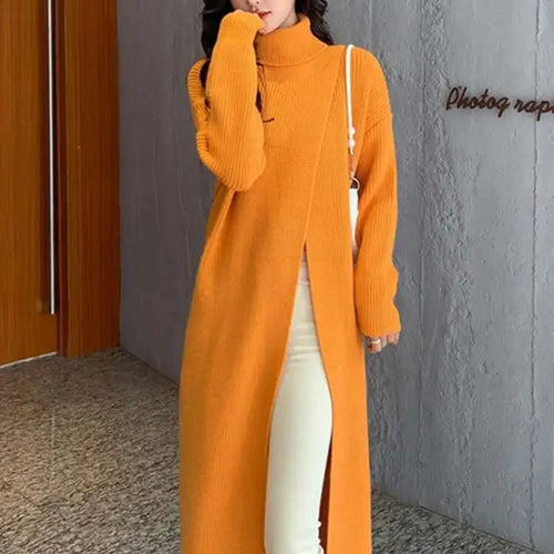 Load image into Gallery viewer, Women Orange Knitting Long Slit Big Size Dress New Turtleneck Long Sleeve Loose Fit Fashion Spring Autumn 2025 1DE5886
