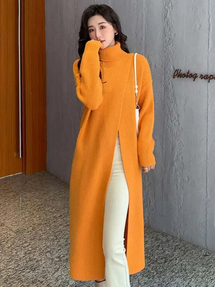 Women Orange Knitting Long Slit Big Size Dress New Turtleneck Long Sleeve Loose Fit Fashion Spring Autumn 2025 1DE5886