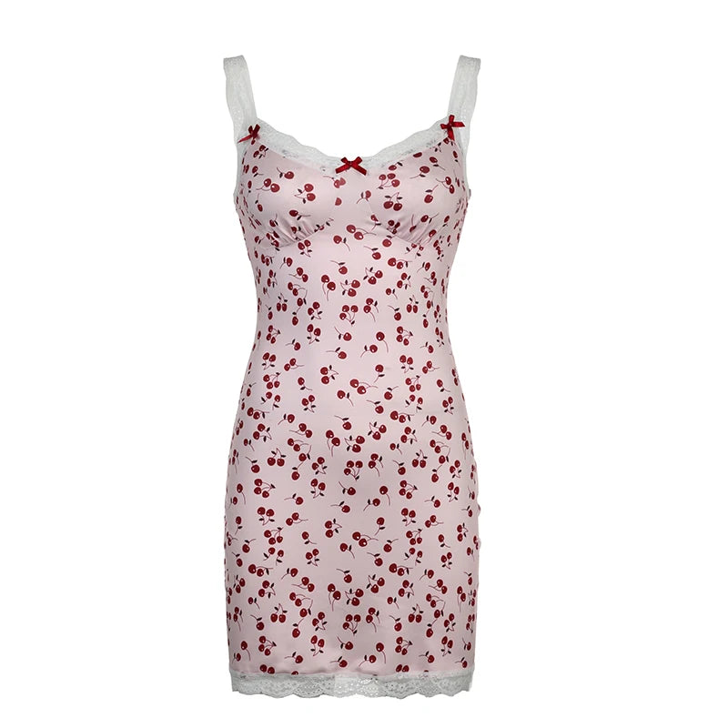 Sweet Cherry Print Pink Summer Mini Dress Bodycon Y2K Lace Trim Coquette Clothes Women Dresses Bow Cutecore Sundress