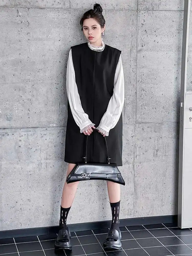 Women Black Brief Elegant Zipper Big Size Mini Dress New Round Neck Sleeveless Fashion Tide Spring Autumn 2025 1DH9820