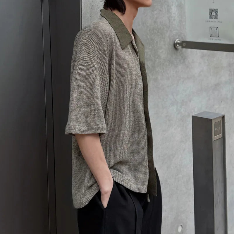 Men's Shirts Short Sleeve New Korean Summer Spliced Contrast Color Design Turn-down Collar Single Breasted Top 9W1729