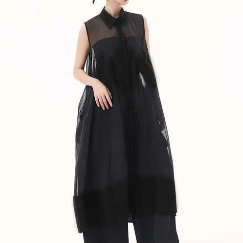 Load image into Gallery viewer, Women Black Mesh Perspective Big Size Long Shirt Dress New Lapel Sleeveless Fashion Tide Spring Summer 2025 1DH9517
