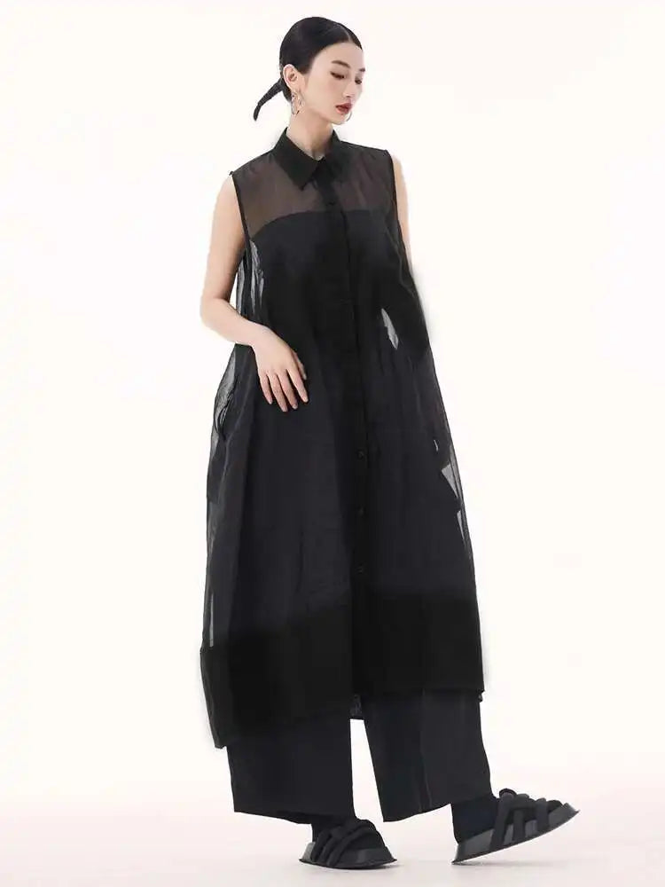 Women Black Mesh Perspective Big Size Long Shirt Dress New Lapel Sleeveless Fashion Tide Spring Summer 2025 1DH9517