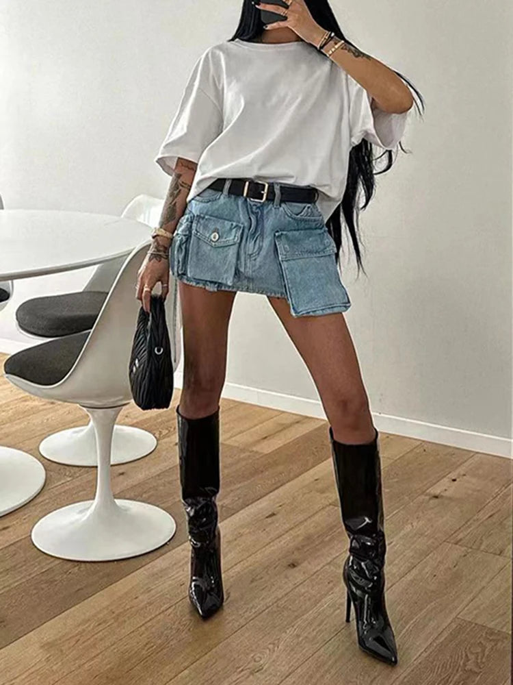 Patchwork Belt Skirts For Women High Waist Spliced Pocket Casual A Line Summer Solid Skirt Female Fashion