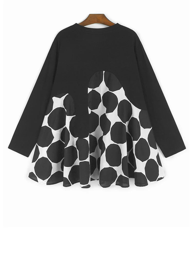 Women Black Dot Color-block Big Size Casual T-shirt New Round Neck Long Sleeve Fashion Tide Spring Autumn 2025 1DH9455