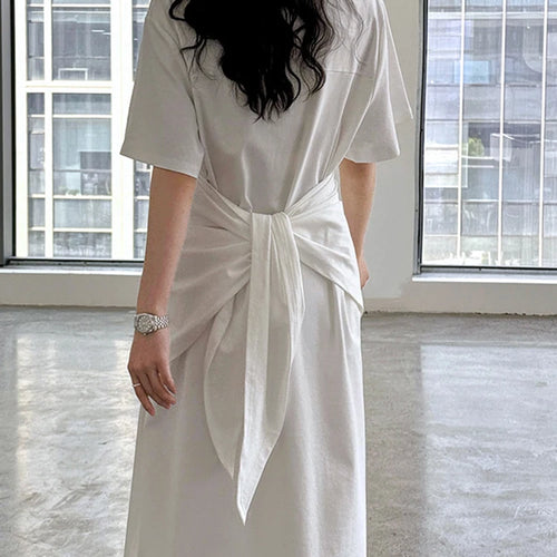 Load image into Gallery viewer, Women White Bandage Irregular Big Size Midi Dress New Round Neck Short Sleeve Fashion Tide Spring Summer 2025 1DJ1263
