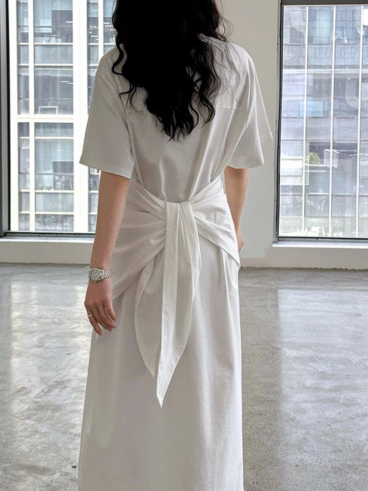 Women White Bandage Irregular Big Size Midi Dress New Round Neck Short Sleeve Fashion Tide Spring Summer 2025 1DJ1263