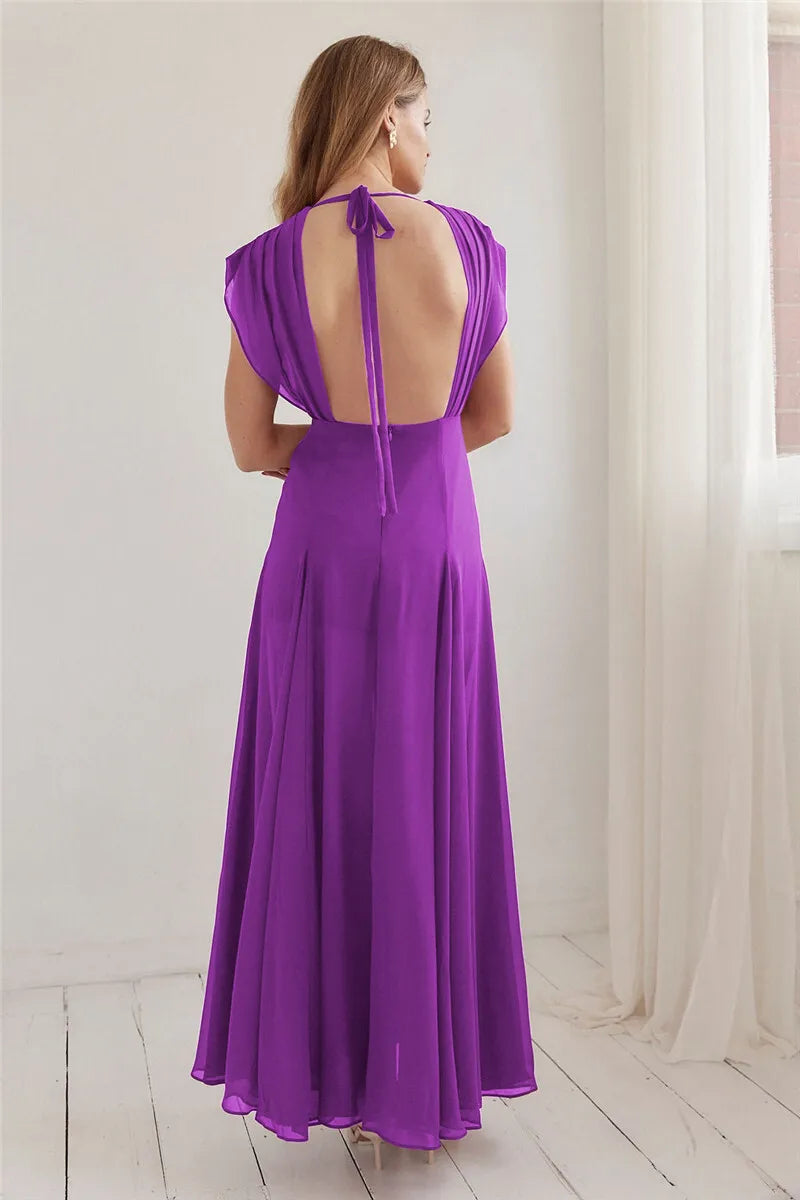 Deep V Neck High Split Sexy Maxi Dress For Women Fashion Purple Sleeveless Backless Long Tank Dress Femme Elegant Dress