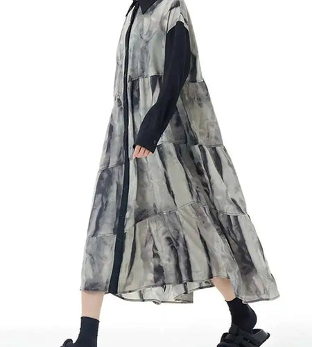 Women Black Pattern Printed Big Size Midi Shirt Dress New Lapel Long Sleeve Fashion Tide Spring Autumn 2025 1DH4765