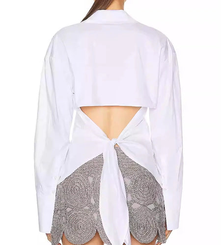 Casual Spliced Single Breasted Fashion Shirts for Women Lapel Long Sleeves Backless Patchwork Lace Up Shirt Female