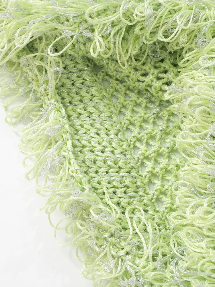 Spaghetti Strap Tassel Knit Mini Dress Women Summer New Hollow Out See Through Backless Beach Holiday Club Dress