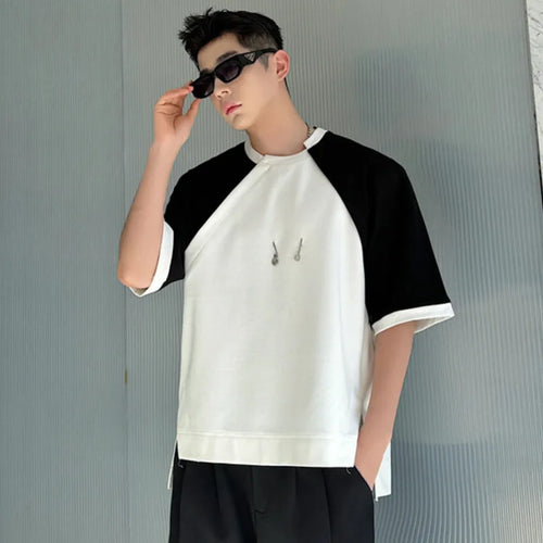 Load image into Gallery viewer, Summer Men&#39;s Casual T-shirts Loose Round Neck Short Sleeve Patchwork Metal Irregular Design Contrast Color 9C6289
