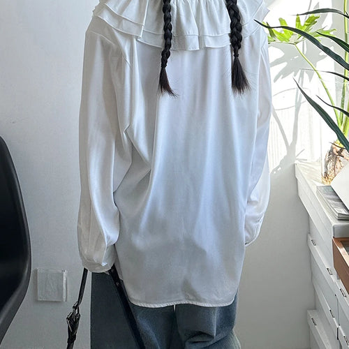 Load image into Gallery viewer, Women White Black Ruffles Big Size Elegant Blouse New V-neck Long Sleeve Shirt Fashion Tide Spring Autumn 2025 1DH95500
