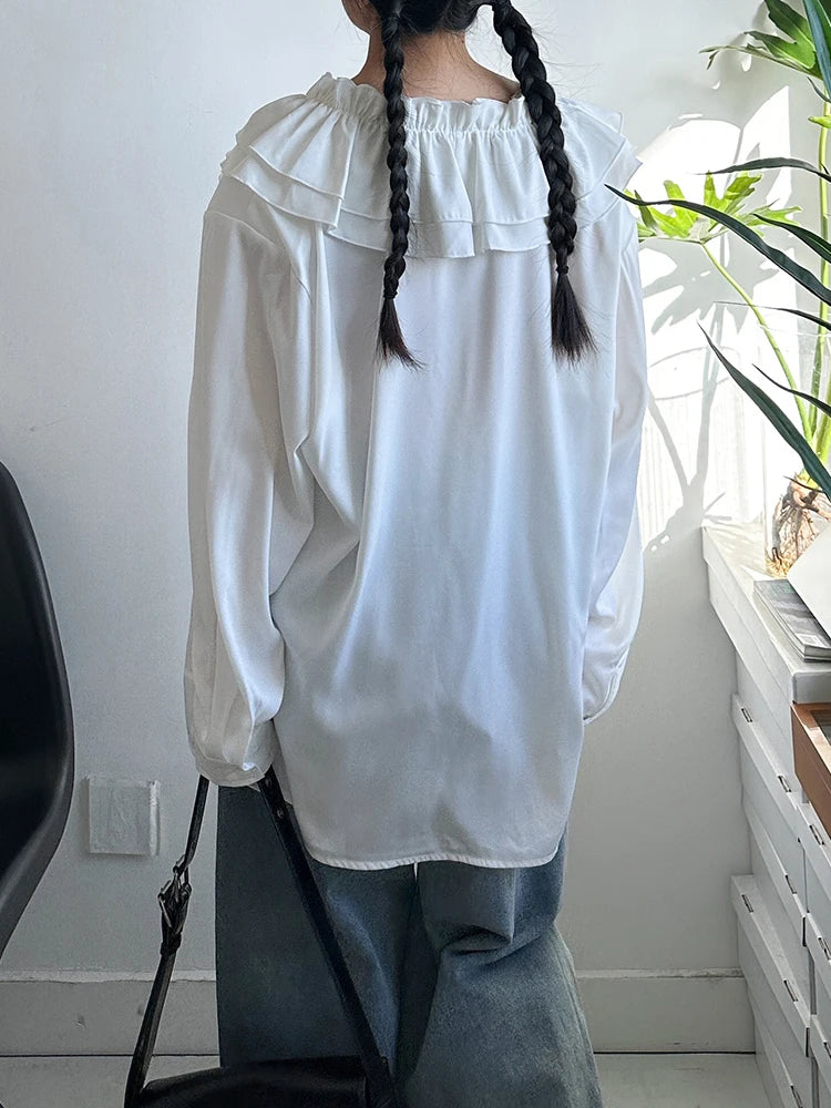 Women White Black Ruffles Big Size Elegant Blouse New V-neck Long Sleeve Shirt Fashion Tide Spring Autumn 2025 1DH95500