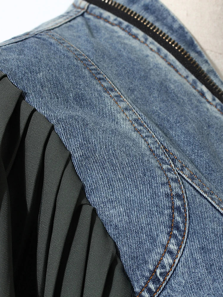 Black Pleated Color-block Denim Jacket New Stand Collar Long Sleeve Women Coat Fashion Tide Spring Autumn 2025 7AB3764