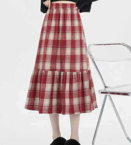 French Vintage Autumn Winter Red Plaid Elegant Pleated Long Skirt For Women's High Waist Festival Ruffles A-line Skirts 2024 New