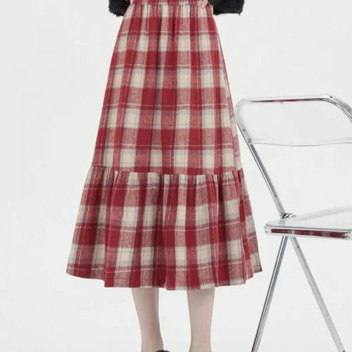 Load image into Gallery viewer, French Vintage Autumn Winter Red Plaid Elegant Pleated Long Skirt For Women's High Waist Festival Ruffles A-line Skirts 2024 New

