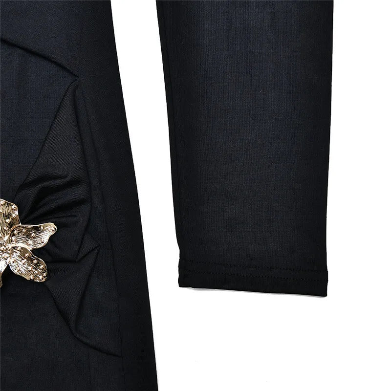 Metal Buckle Strapless Sexy Maxi Dress For Women Off-shoulder Backless Long Sleeve Ruched Bodycon Club Long Dress