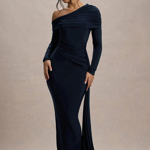 Load image into Gallery viewer, Skew Collar Long Sleeve Sexy Maxi Dress For Women Gown Fashion Backless Draped Ruched Bodycon Club Long Dress Elegant
