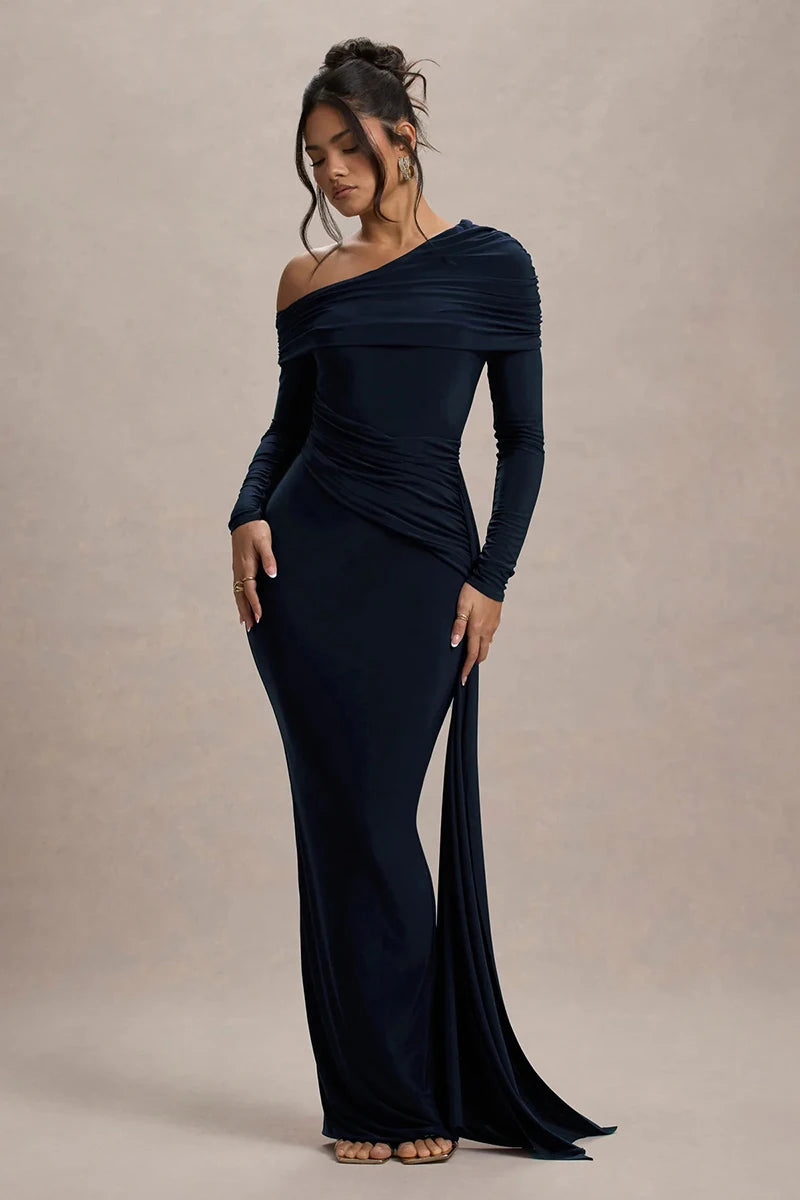 Skew Collar Long Sleeve Sexy Maxi Dress For Women Gown Fashion Backless Draped Ruched Bodycon Club Long Dress Elegant