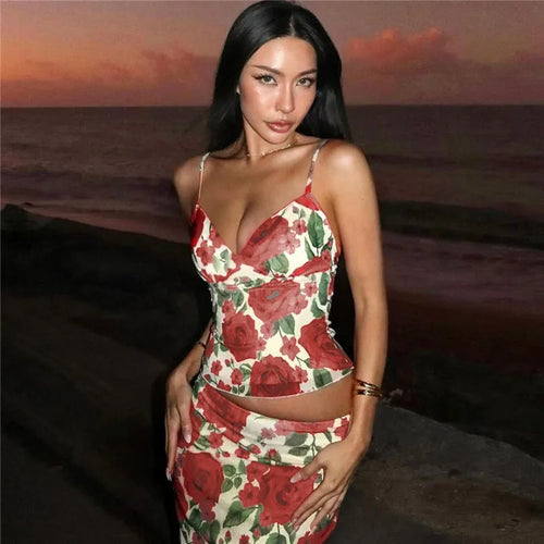 Load image into Gallery viewer, Floral Print Sexy Skirt Two Piece Sets Women Fashion Sleeveless Crop Tops And Long Skirt Femme Printed Two Piece Sets
