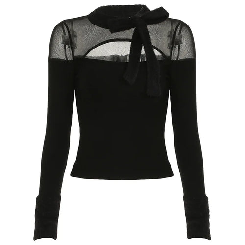 Load image into Gallery viewer, Coquette Top y2k Clothes Women Solid Color Sheer See Through Round Neck Long Sleeve Mesh T Shirt with Bow Streetwear
