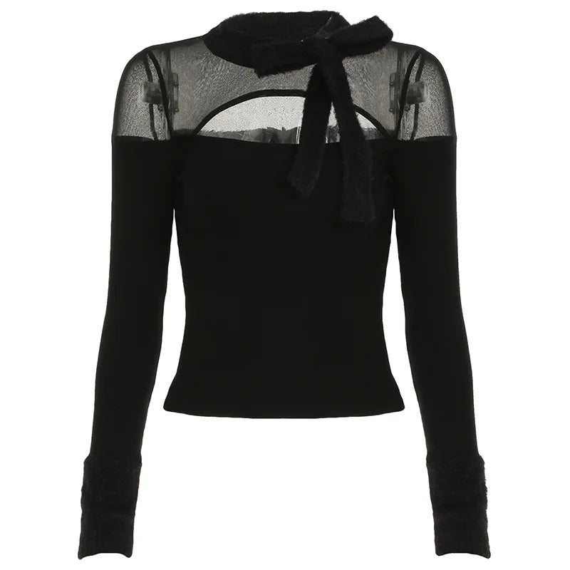 Coquette Top y2k Clothes Women Solid Color Sheer See Through Round Neck Long Sleeve Mesh T Shirt with Bow Streetwear