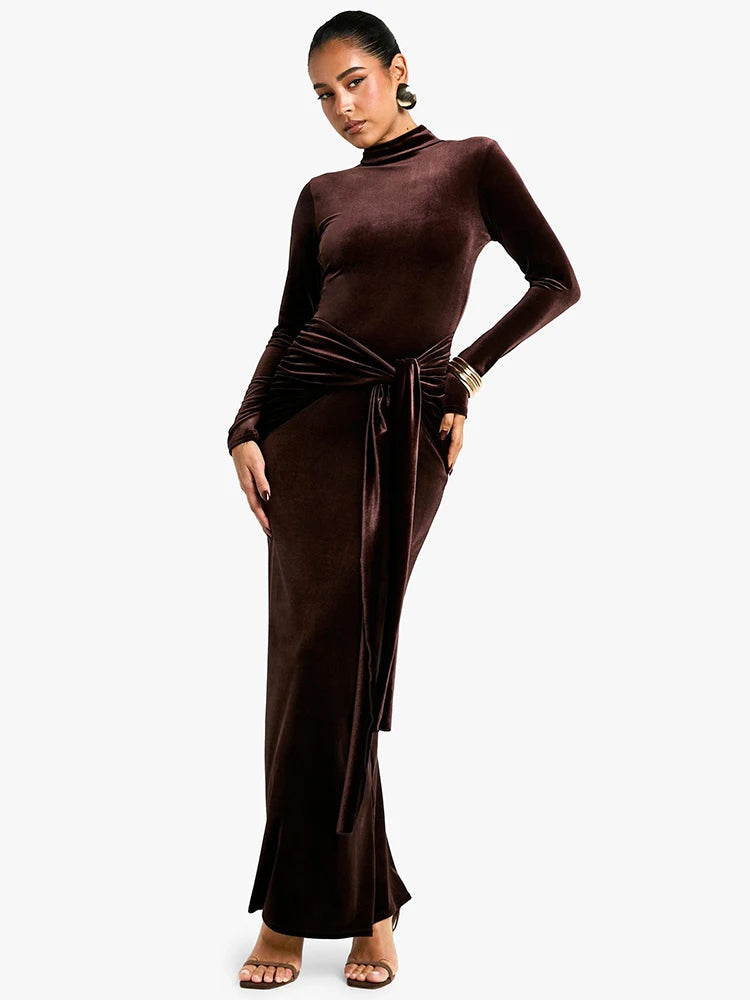 Velvet Long Sleeve Sexy Maxi Dress For Women Autumn Winter New Turtleneck Draped Ruched Bodycon Sexy Long Dress