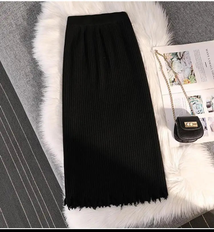 Casual Knitted Midi Pencil Skirt Y2k Women Autumn Winter Elastic High Waist  A-line Split Straight Skirts Female Streetwear