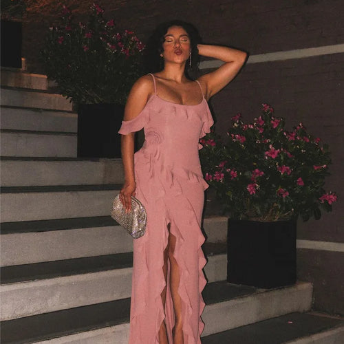 Load image into Gallery viewer, Elegant Ruffle Sexy Maxi Dress Women Spaghetti Strap Flower Sleeveless Backless High Split Club Party Evening Dress
