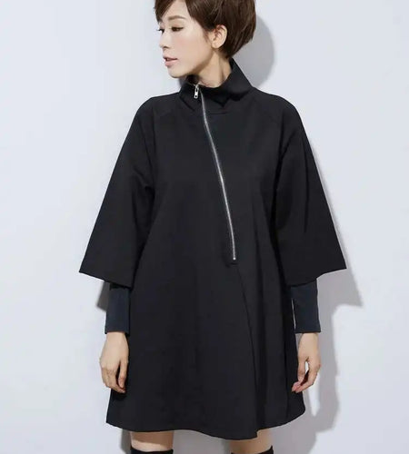 Women Black Zipper Casual Big Size Dress New Turtleneck Three-quarter Sleeve Loose Fit Fashion Spring Autumn 2025 1DF4717