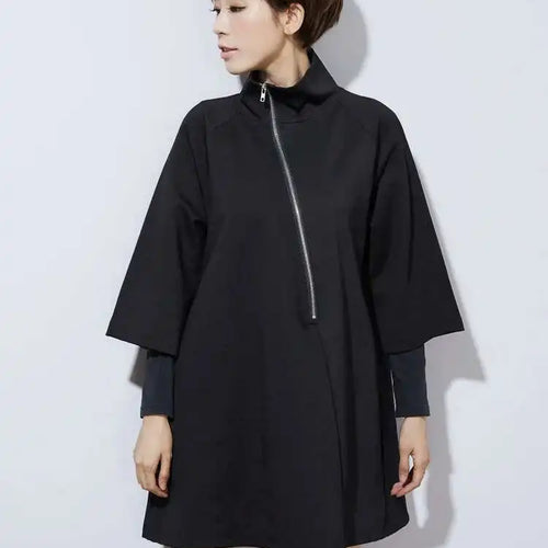 Load image into Gallery viewer, Women Black Zipper Casual Big Size Dress New Turtleneck Three-quarter Sleeve Loose Fit Fashion Spring Autumn 2025 1DF4717
