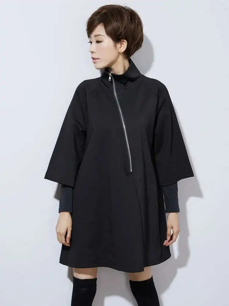 Women Black Zipper Casual Big Size Dress New Turtleneck Three-quarter Sleeve Loose Fit Fashion Spring Autumn 2025 1DF4717