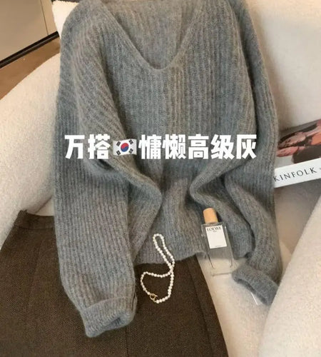 Korean Fashion Women's Gray Round Neck Versatile Cotton Sweater Autumn V Neck Long Sleeves Vacation Pullovers Tops Casual Simple