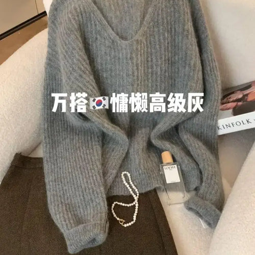 Load image into Gallery viewer, Korean Fashion Women's Gray Round Neck Versatile Cotton Sweater Autumn V Neck Long Sleeves Vacation Pullovers Tops Casual Simple
