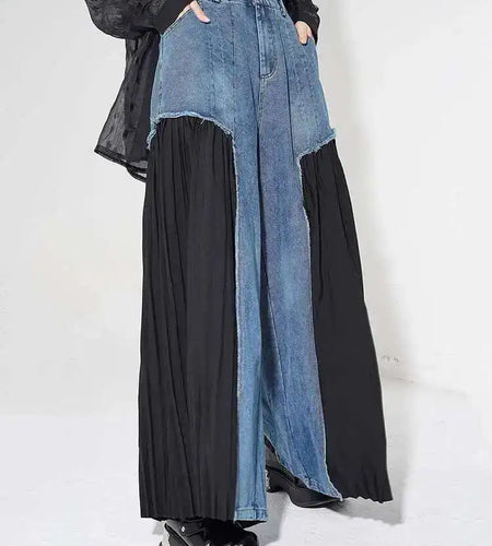 High Elastic Waist Blue Denim Pleated Long Wide Leg Pants New Trousers Women Fashion Tide Spring Autumn 2025 1DH5079