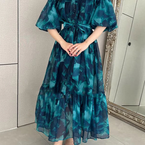 Load image into Gallery viewer, Hit Color Spliced Lace Up Loose Dresses For Womne O Neck Half Sleeve High Waist Long Dress Female Fashion Style New
