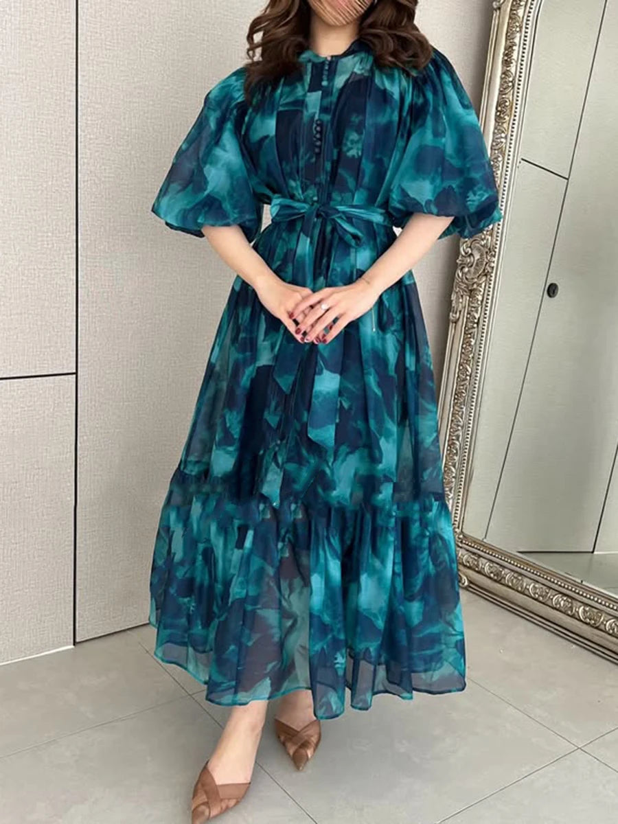 Hit Color Spliced Lace Up Loose Dresses For Womne O Neck Half Sleeve High Waist Long Dress Female Fashion Style New