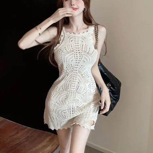 Load image into Gallery viewer, Y2k Knitted Hollow Out Sexy Mini Dress Women Autumn Knit Slip Party Bodycon Wrap Slim Spaghetti Strap Short Dresses
